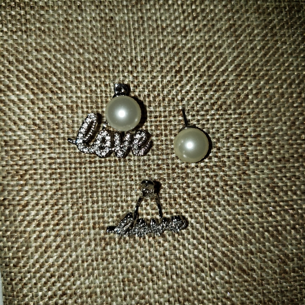 NWOT Origami Owl Pearl stud earring and "Love" Earring Jackets